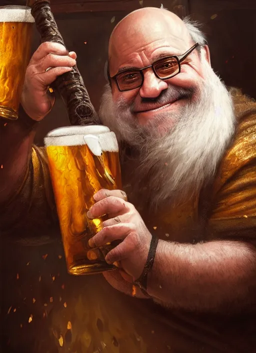 Image similar to Portrait of Danny Devito as a Dwarven Axeman with a white beard, He is drinking beer at a tavern, realistic, detailed, 4k by Greg Rutkowski Mark Arian trending on artstation