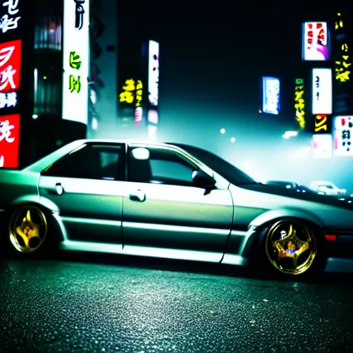 Image similar to a car JZX100 at illegal car meet, Shibuya prefecture, city midnight mist, cinematic color, photorealistic, highly detailed, 200MM