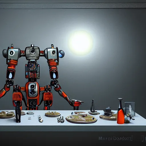 Prompt: last supper realistic robot , A Monster Emerges - 'The Beholder' Concept by Marcus Whinney trending on artstation