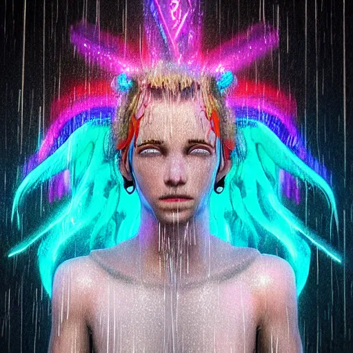 Image similar to angel spirit guide, cartoon portrait made out of rain, realistic, highly detailed, neon, rendered in octane, unreal engine, beautiful, trending on artstation,