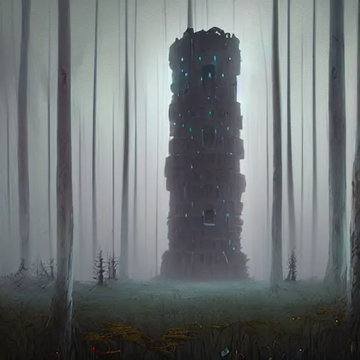 Image similar to Monumental old ruins tower of a dark misty forest, overcast, sci-fi digital painting by Simon Stålenhag