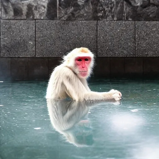 Image similar to Japanese white macaque in a hot pool, award winning photography, cinematic, steam rising off the water