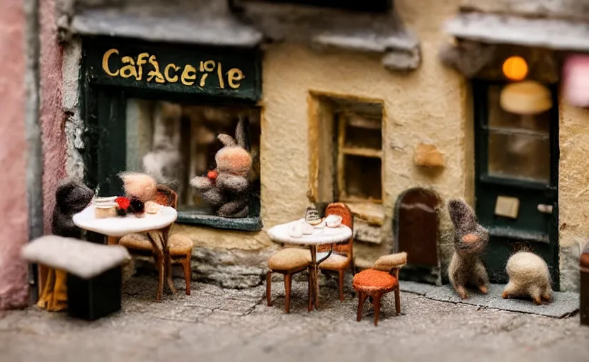 Image similar to miniature cafe diorama macro photography, cafe with felted bunnies, alleyway, ambient, atmospheric, british, cozy, bokeh, romantic