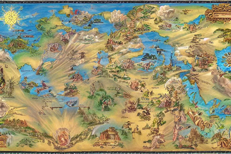 Image similar to A labeled,3d rendered map of a heavenly realm including regional borders, intricately detailed, full color, digitally displayed