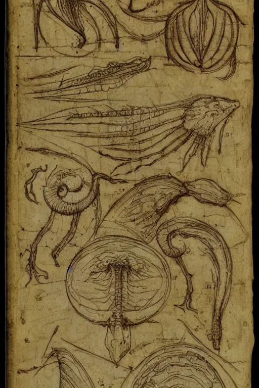 Image similar to manuscript page with diagrams of shoggoths by leonardo da vinci, sketches, scientific studies, anatomy studies, academic art, intricate