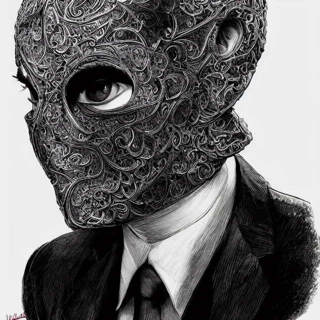 Image similar to man with black mask wearing suit and tie, an absurdly beautiful, elegant, young hypercolorful sensual gravure idol, ultrafine hyperrealistic detailed face illustration by kim jung gi, irakli nadar, intricate linework, sharp focus, bright colors, matte, octopath traveler, final fantasy, unreal engine highly rendered, global illumination, radiant light, intricate environment