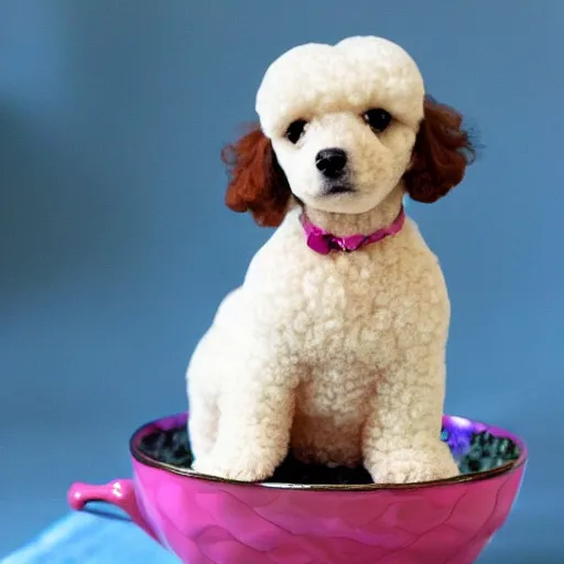 Prompt: Cute poodle sitting inside a tea cup