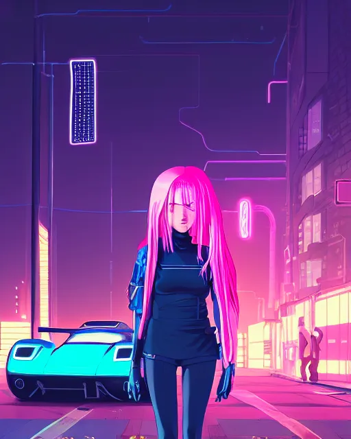 Image similar to digital illustration of cyberpunk pretty girl with pink hair, standing by a blue ford gt in a street at night, under streetlights, by makoto shinkai, ilya kuvshinov, lois van baarle, rossdraws, basquiat