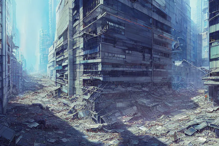 Prompt: destroyed modern city, octane rendering, trending on artstation, studio ghibli, michael whealan and james gurney