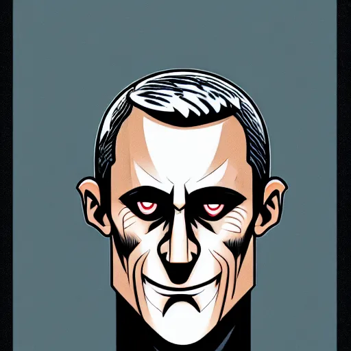 Image similar to solid glowing eyes, digital portrait of secretary of denis mcdonough face with solid glowing eyes, cover art of graphic novel, evil laugh, menacing, Machiavellian puppetmaster, villain, simple style, solid colors, clean lines, clean ink, trending on artstation