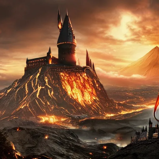 Prompt: harry potter taking a golden ring to mordor, mordor as a bustling city, extremely detailed, sharp focus, skyline, vast, gothic, lord of the rings, mount doom, 4 k, fantasy, concept art, gritty