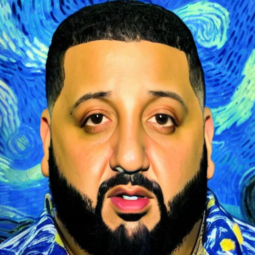 Image similar to ultra detailed portrait photo of dj khaled in a studio, blue, under red and yellow cinematic lighting, by van gogh, cartoon