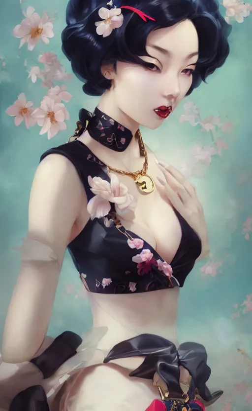 Image similar to a pin up and beautiful fashion and charming and dreamlke japan girl with lv jewelry, character art, art by artgerm lau and kyoung hwan kim and and ilya kuvshinov and john singer sargent, hyperdetailed, 8 k realistic, symmetrical, frostbite 3 engine, cryengine, dof, trending on artstation, digital art