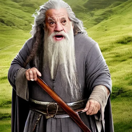 Image similar to danny devito starring as gandalf the white in the 2 0 2 4 lord of the rings movie, full body, hyper realistic, high quality, wide angle, always sunny in philadelphia