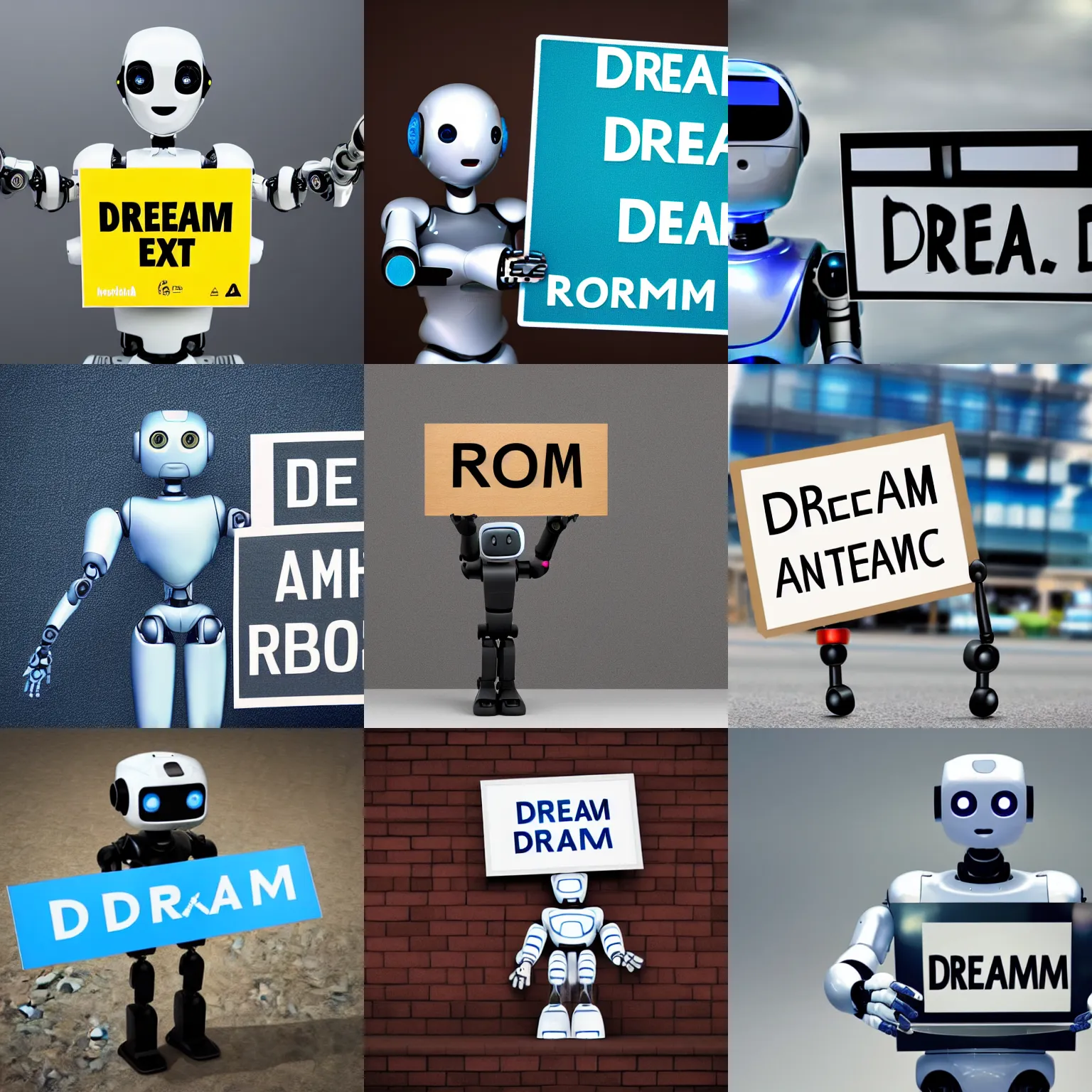 Image similar to artificial intelligence robot holding a sign with text that reads : dream