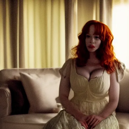 Image similar to amazing beautiful Christina Hendricks with mouth wide open in the living room, film still from the movie directed by Denis Villeneuve , wide lens