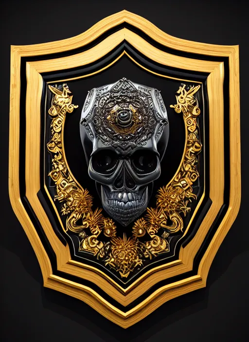 Image similar to black background, a beautiful symmetrical skull on a wooden shield, front facing view, mirrored, ornamental art, octane render, royal shield