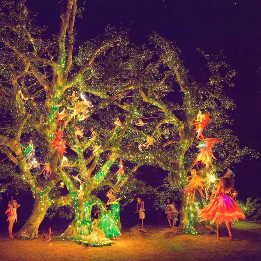 Image similar to a night carnival fairies around a magical tree next to a lake with iridiscent water, christmas lights, volumetric lightning, creatures and fantastic people disguised as fantastic creatures in a magical forest by summer night, masterpieceunderwater scene, masterpiece painted by slim aarons, scene by night