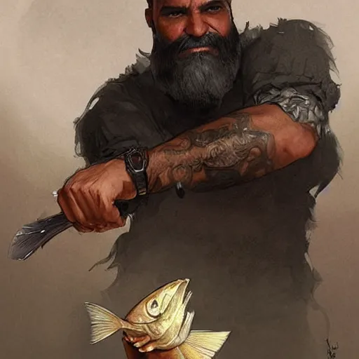 Image similar to wow! fanart young black bearded and bald man with a fish in his hand, d & d, high fantasy, detailed, digital art, artstation, smooth, sharp focus, art by artgerm, greg rutkowski, alphonse mucha