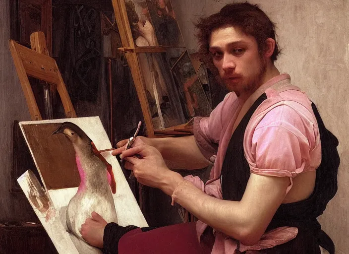 Image similar to a young painter in his studio painting a picture of a pink penguin, by edgar maxence and caravaggio and michael whelan and delacroix style, artistic, intricate drawing, cinematic lighting, hyper realistic, extremely detailed, establishing shot, 8 k resolution, dramatic lighting