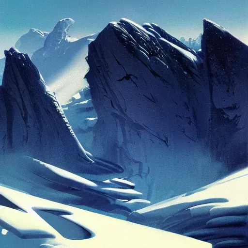 Image similar to Frozen frontiers on an alien planet, mountains above clouds in the background, Syd Mead, John Harris, Federico Pelat,