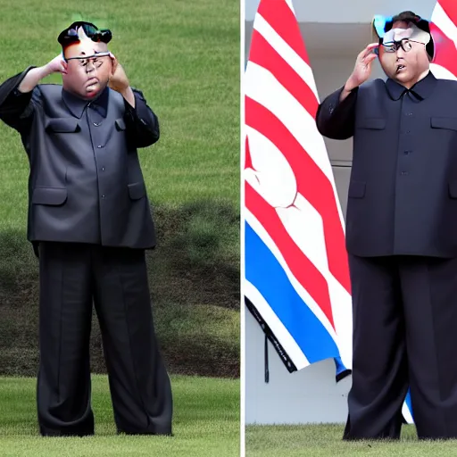 Prompt: trump and kim jong un looking at military parade with binoculars