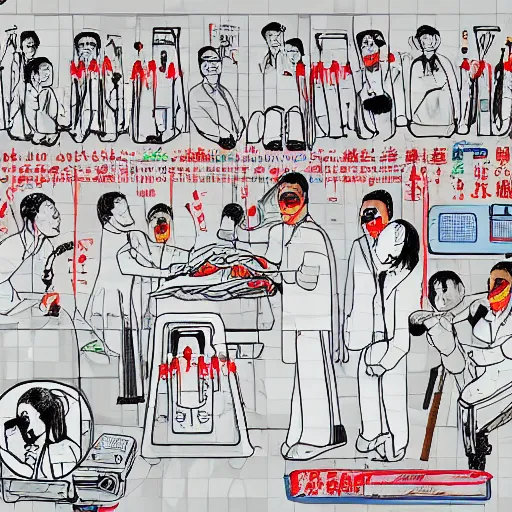 Image similar to chinese surgeons operating on a body on an operating table, in the style of daniel johnston and outsider art, 8k, line brush, minimal, overlaid with chinese adverts, photorealistic