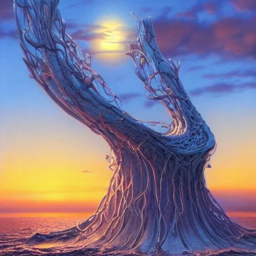 Prompt: bio-futurism,utopia,differential growth,beautiful sunset,michael whelan,photorealistic,detailed