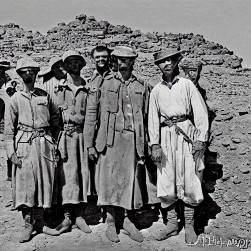Image similar to ultra detailed photorealistic sepia - toned photo from 1 9 1 7, clean - shaven british soldiers standing with bedouin traders in traditional arab garb, at an archaeological dig site in wadi rum, ultra realistic, painted, intricate details, lovecraft, atmospheric, dark, horror, brooding, highly detailed, by clyde caldwell