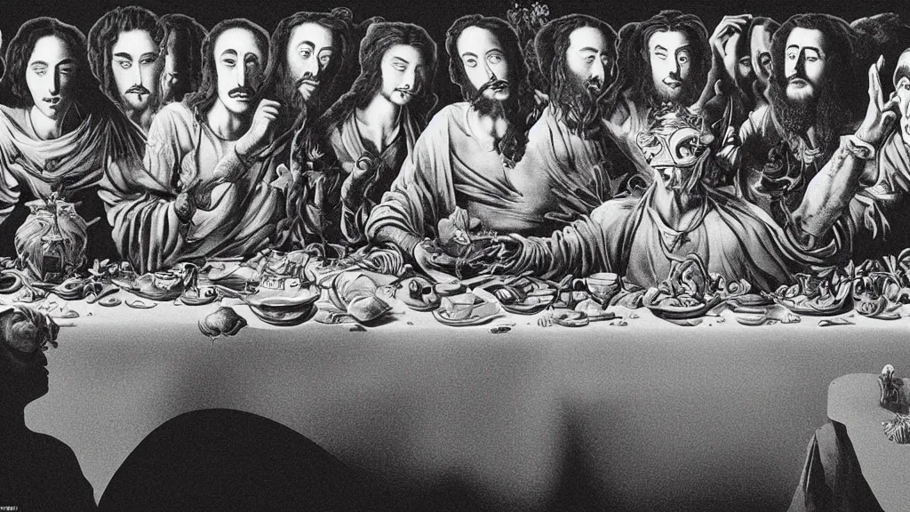 Image similar to the newest masterpiece of salvador dali inspired by dan hillier, it is called ; the last supper