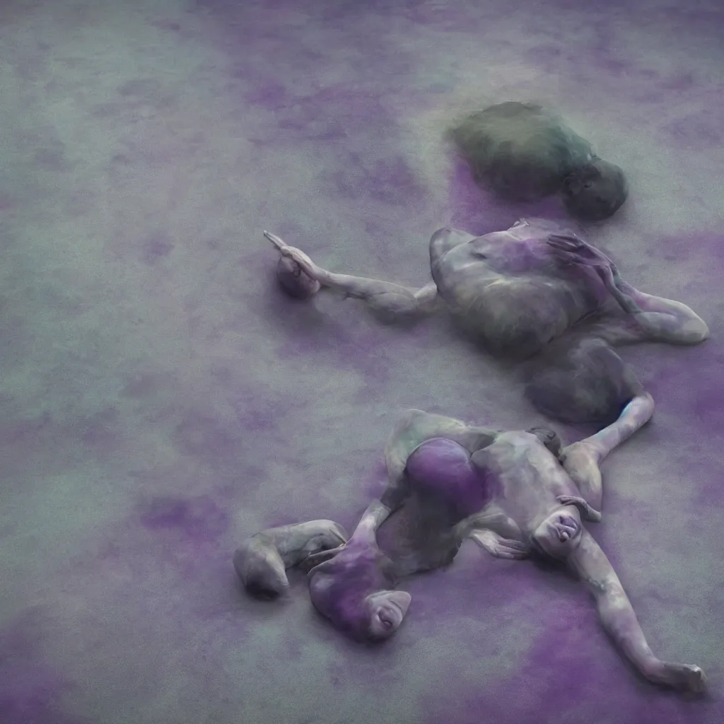 Image similar to macro of iridiscent oil spill with women corpses connected by cables and computers to wax forms to a buried baby relaxing on yoga mat, faded, iridiscent gradient, dust, purple fog, depth of field, by nadav kander and hans bellmer, 8 k, ultrarealistic, sad atmosphere, cinematic