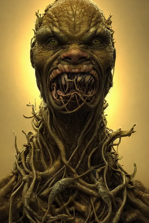 Prompt: beautiful portrait of the thing of the swamp smiling, intricate, dystopian, biopunk, extremely detailed, digital painting, sculpted in zbrush, artstation, concept art, smooth, sharp focus, illustration, chiaroscuro, soft lighting, golden ratio, rule of thirds, fibonacci, incredible art by Stanley Artgerm Lau and Greg Rutkowski, composition by mike mignola and Simon Stalenhag,
