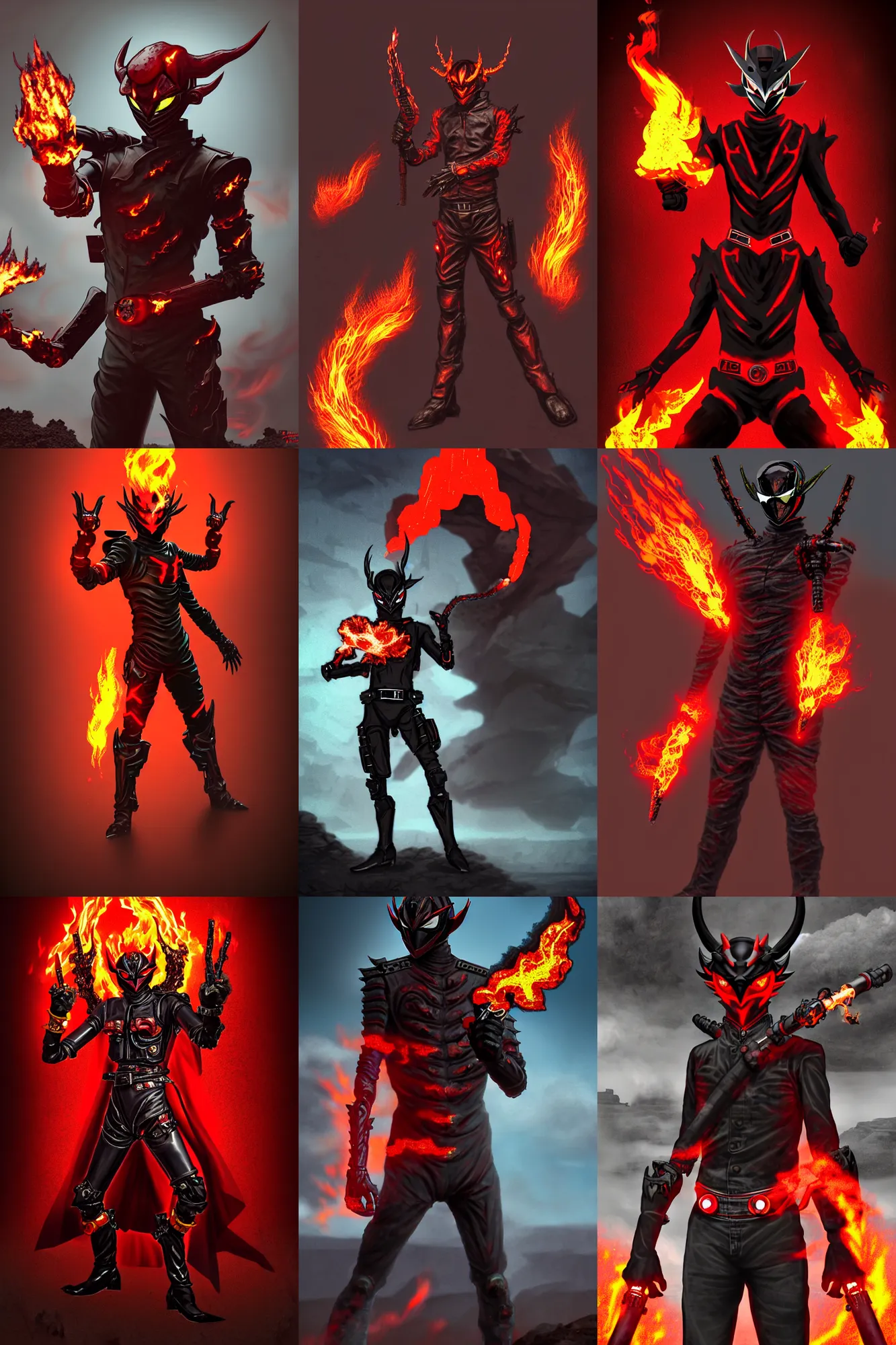 Prompt: character portrait of a demonic monster kamen rider gunslinger with fire eyes doing a henshin pose, wielding fire, monster made out of fire in the background, rock quarry location, matte painting, dramatic lighting, 8 k, rubber suit, digital painting, concept art, muted colors, red colors, moody colors, broken pipes, in the style of frank frazetta