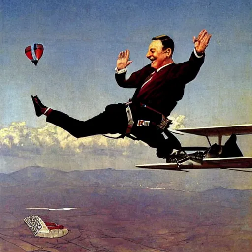 Prompt: benjamin netanyahu skydiving, plane and parachute in background, by norman rockwell, highly detailed, sharp faces