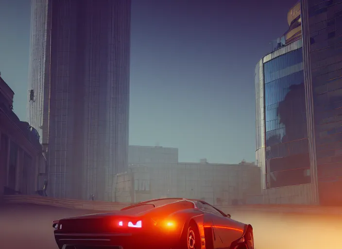 Prompt: gta in moscow, playstation 5 screenshot, mega details, golden hour, orange lights, fog, beautiful rtx reflections, brutalism buildings, photorealistic, unreal engine 5, octane render, volumetric light, cg society, 4 k, bokeh, lada car, artstation