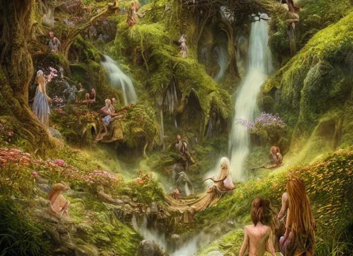 Image similar to fairies in the shire scenery landscape, lord of the rings, waterfalls, mushroom structures, highly detailed, vivid color, perfect lighting, perfect composition, 8 k, brian froud, artgerm, derek zabrocki, greg rutkowski