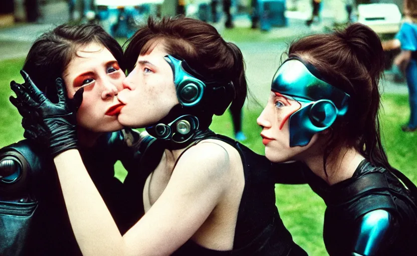 Prompt: cinestill 5 0 d photographic portrait by helen levitt of two loving female cyborgs kiss wearing black techwear in a retrofuturist garden, extreme closeup, modern cyberpunk, 8 k, hd, high resolution, 3 5 mm, f / 3 2, ultra realistic faces, intricate detail, ex machina