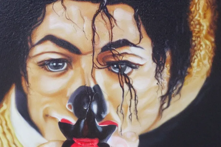 Image similar to michael jackson eating a funnel cake portrait in oil on black velvet, in frame, 4 k, hyper - realistic