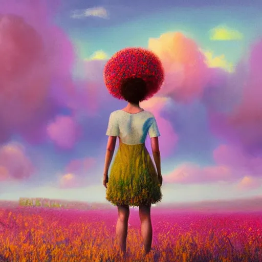 Image similar to giant flower afro, full body, girl standing in the middle of a field with flowers, surreal photography, hills, sunrise dramatic light, impressionist painting, colorful clouds, digital painting, pointillism, artstation, simon stalenhag