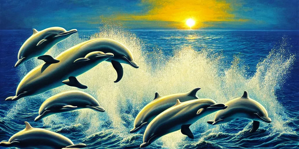 Prompt: a pod of dolphins emerging from the ocean surrounded by love and energy, golden hour, detailed painting by painting by gottfried helnwein