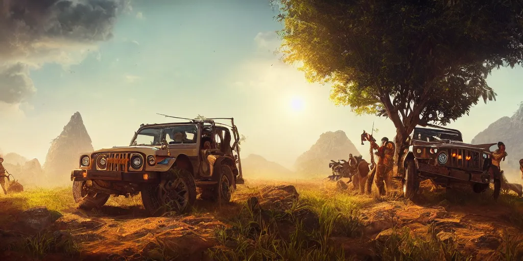 Prompt: Mahindra thar, tribe members attacking, action scene, Lively sunny landscape of a kerala village realistic detailed digital art by Maxwell Boas Jessica Rossier Christian Dimitrov Anton Fadeev trending on Artstation CGSociety rendered in Unreal Engine 4k HQ