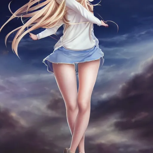 Prompt: a very beautiful anime mature girl, full body, long wavy blond hair, sky blue eyes, full round face, short smile, fancy top, miniskirt, front view, medium shot, mid-shot, highly detailed, cinematic wallpaper by Stanley Artgerm Lau