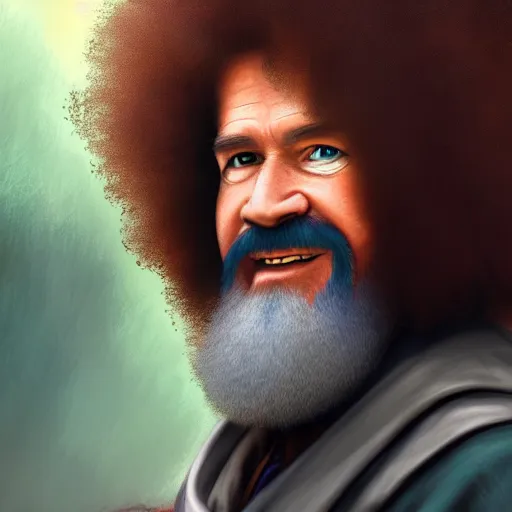 Image similar to a portrait of a Bob Ross as a Arch Mage ,Grim fantasy, D&D, HDR, natural light, shoulder level shot, dynamic pose, award winning photograph, Mucha style 4k,