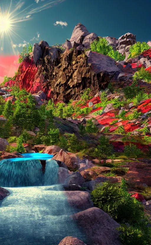 Image similar to looking up to a large rock mountain with a water fall flowing down from the top, the sun is behind it, neon colors, # 8 k, concept art, ultra detailed, photo, award winning