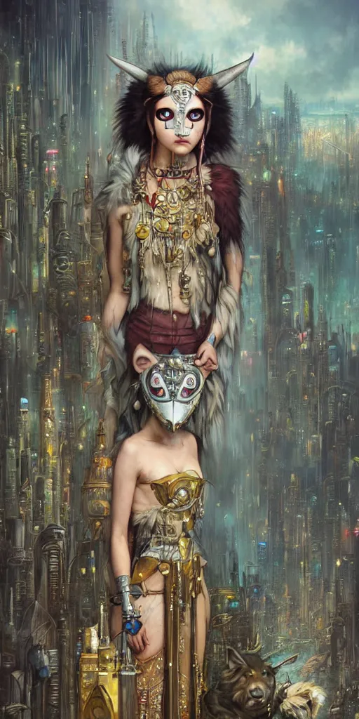 Image similar to hyper realistic Princess Mononoke in her mask, busy cyberpunk metropolis, city landscape, wolves, magic, castle, jewels, style of tom bagshaw, mucha, james gurney, norman rockwell, gems and gold, waterfalls, denoised, sharp