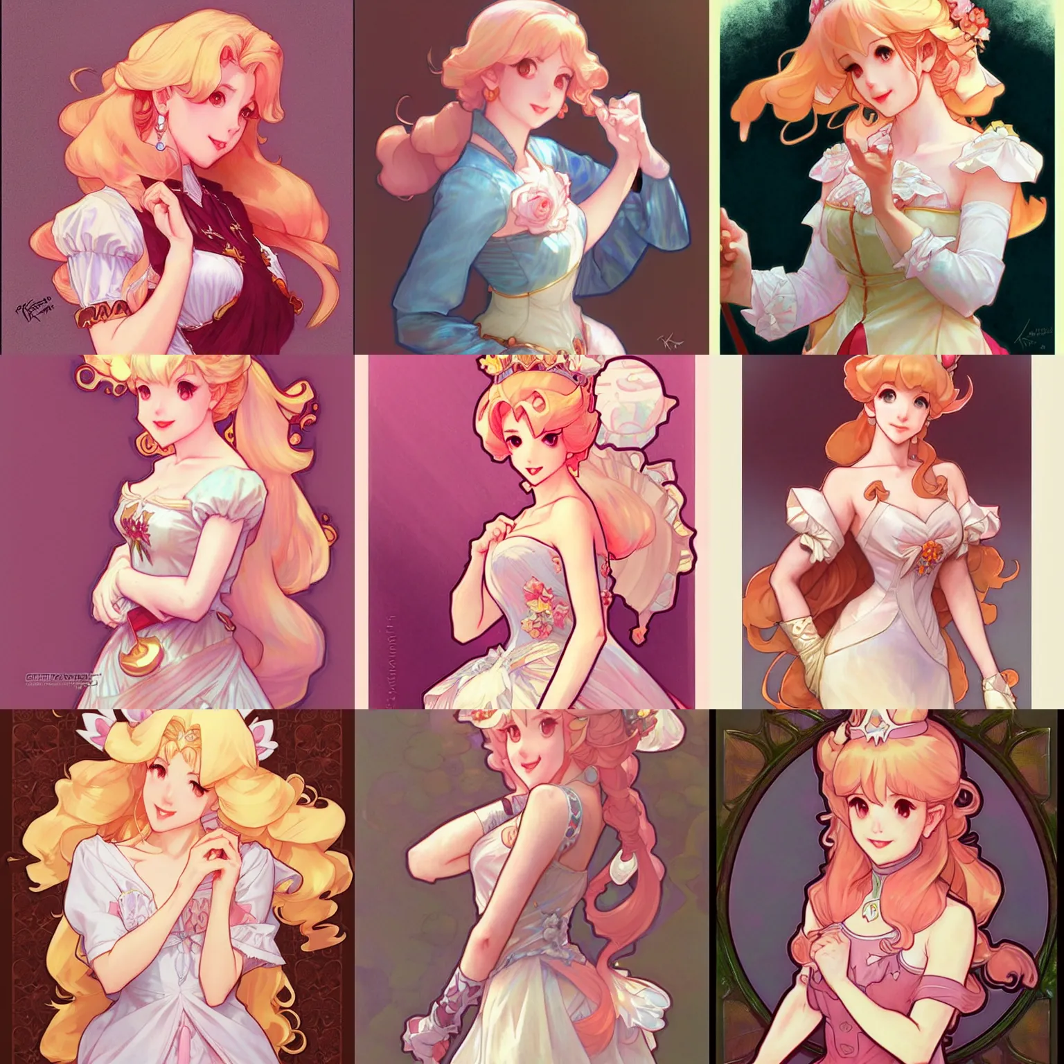 Prompt: an adorable princess peach by krenz cushart, artgerm, alphonse mucha, akihiko yoshida