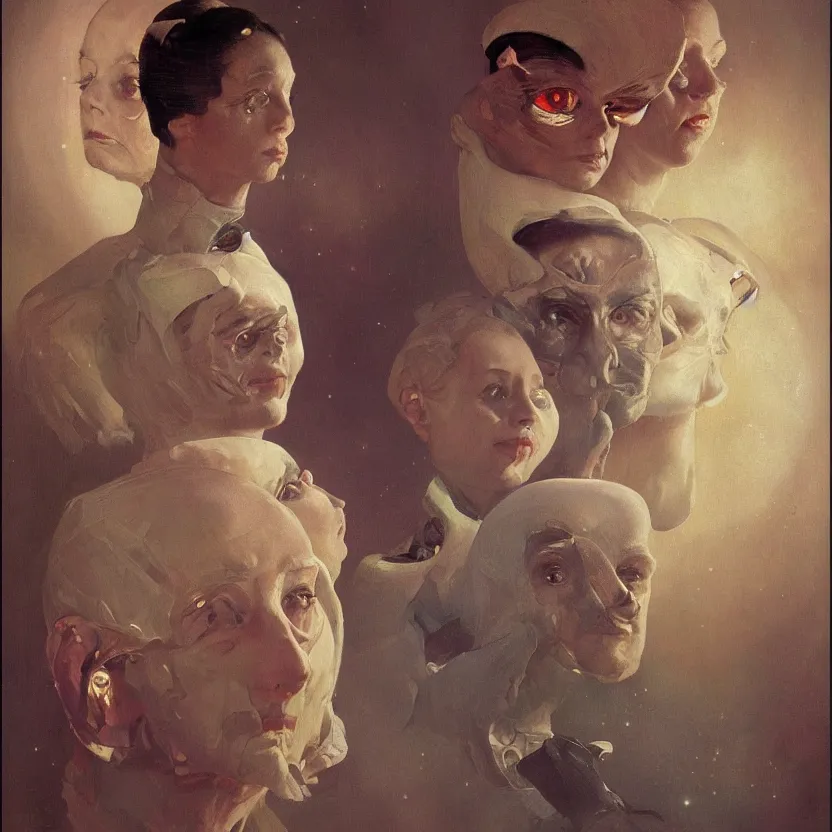 Prompt: portrait painting of elegantly beautiful aliens with glowing eyes, by norman rockwell. muted colors, soft gradients. baroque period, renaissance masterpiece. black background. trending on artstation. retrofuturism.