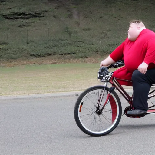 Image similar to a very fat man riding a small bicycle