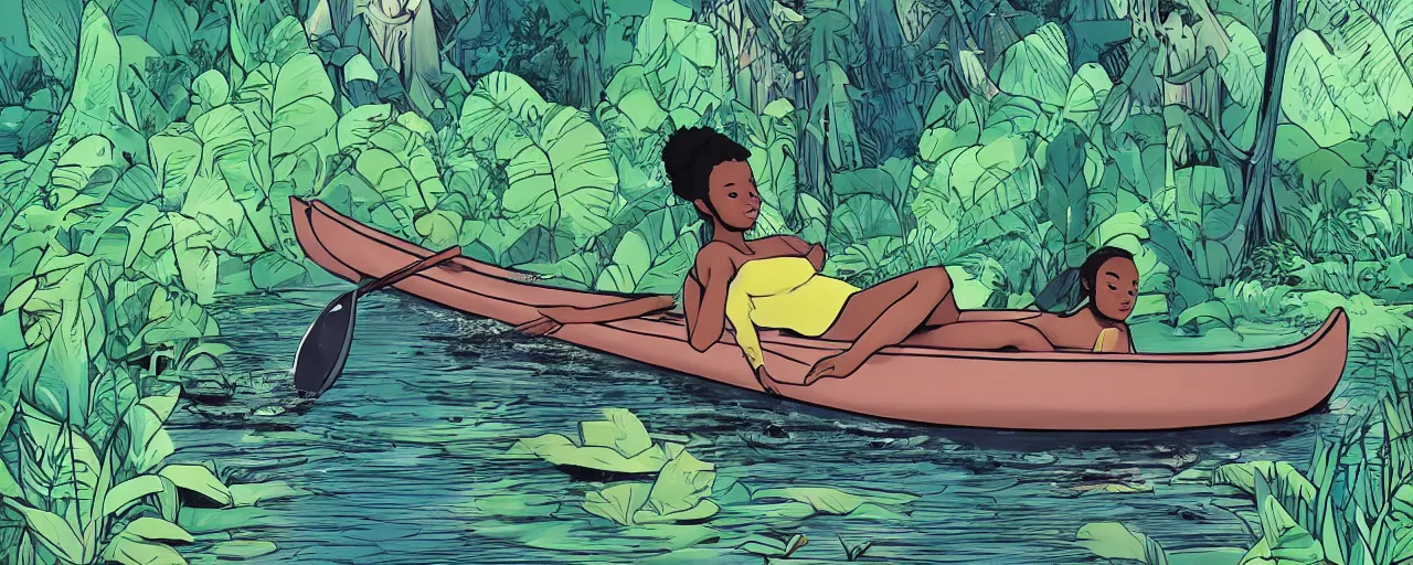 Prompt: a black teenage girl lying down in a canoe that is floating down a river on an alien planet. In the background and surroundings is a lush alien jungle. Muted complementary colours, graphic novel,