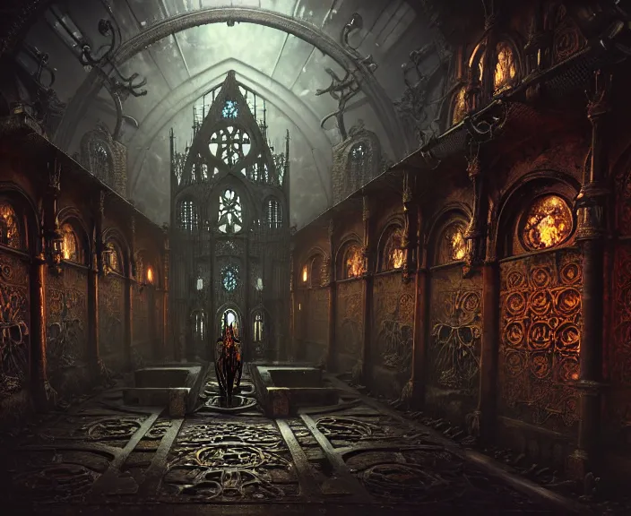 Image similar to steam necropolis, memento mori, gothic, neo - gothic, art nouveau, hyperdetailed copper patina medieval icon, stefan morrell, philippe druillet, ralph mcquarrie, concept art, steampunk, unreal engine, detailed intricate environment, octane render, moody atmospherics, volumetric lighting, ultrasharp, ominous, otherworldly